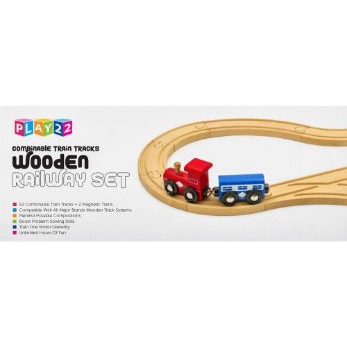  Play22 Wooden Train Tracks - 52 PCS Wooden Train Set + 2 Bonus Toy Trains - Train Sets for Kids - Car Train Toys is Compatible with Thomas Wooden Railway Systems and All Major Bran