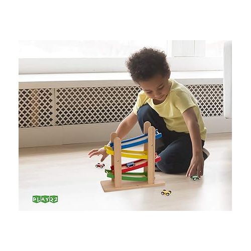  Play22 Wooden Car Ramps Race - 4 Level Toy Car Ramp Race Track Includes 4 Wooden Toy Cars - My First Baby Toys - Toddler Race Car Ramp Toy Set is A Great Gift for Boys and Girls - Original by Play22