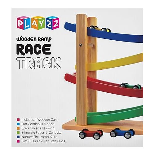  Play22 Wooden Car Ramps Race - 4 Level Toy Car Ramp Race Track Includes 4 Wooden Toy Cars - My First Baby Toys - Toddler Race Car Ramp Toy Set is A Great Gift for Boys and Girls - Original by Play22