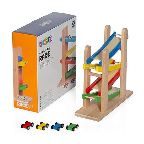  Play22 Wooden Car Ramps Race - 4 Level Toy Car Ramp Race Track Includes 4 Wooden Toy Cars - My First Baby Toys - Toddler Race Car Ramp Toy Set is A Great Gift for Boys and Girls - Original by Play22