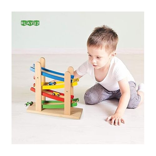  Play22 Wooden Car Ramps Race - 4 Level Toy Car Ramp Race Track Includes 4 Wooden Toy Cars - My First Baby Toys - Toddler Race Car Ramp Toy Set is A Great Gift for Boys and Girls - Original by Play22