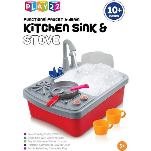  Play22 17 Pc Kids Play Sink with Running Water - Kitchen Sink Toy - Toddler Sink Toy with Real Faucet & Drain, Dishes, Utensils - Play Cooking Stove W/Pan - Kitchen Toys for Toddlers & Kids