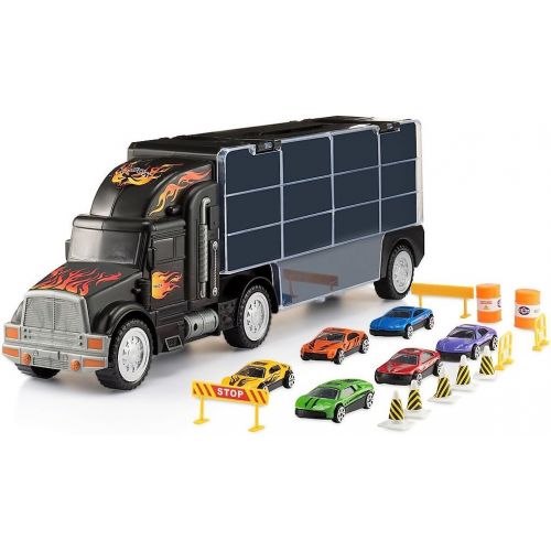  [아마존 핫딜] [아마존핫딜]Play22 Toy Truck Transport Car Carrier - Toy Truck Includes 6 Toy Cars & Accessories - Toy Trucks Fits 28 Toy Car Slots - Great Car Toys Gift for Boys & Girls - Original