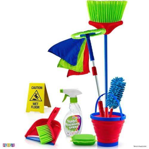  [아마존 핫딜] Play22 Kids Cleaning Set 12 Piece - Toy Cleaning Set Includes Broom, Mop, Brush, Dust Pan, Duster, Sponge, Clothes, Spray, Bucket, Caution Sign, - Toy Kitchen Toddler Cleaning Set