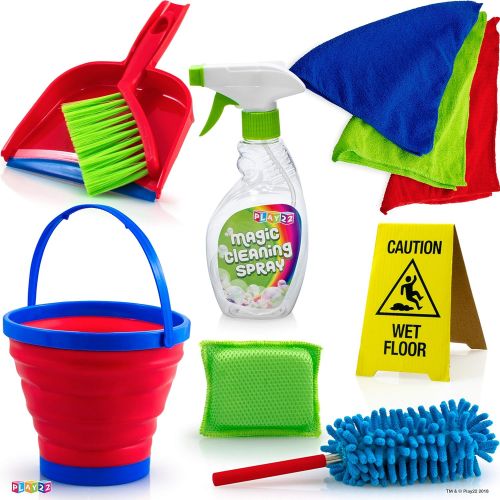  [아마존 핫딜] Play22 Kids Cleaning Set 12 Piece - Toy Cleaning Set Includes Broom, Mop, Brush, Dust Pan, Duster, Sponge, Clothes, Spray, Bucket, Caution Sign, - Toy Kitchen Toddler Cleaning Set