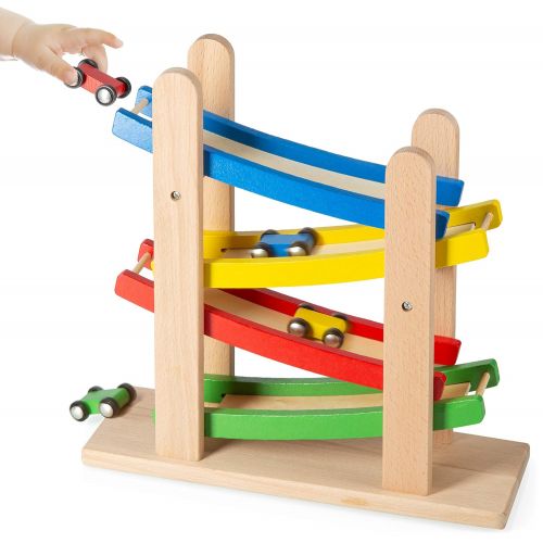  [아마존 핫딜] Play22 Wooden Car Ramps Race - 4 Level Toy Car Ramp Race Track Includes 4 Wooden Toy Cars - My First Baby Toys - Toddler Race Car Ramp Toy Set is A Great Gift for Boys and Girls -
