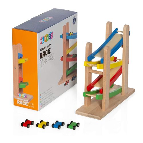 [아마존 핫딜] Play22 Wooden Car Ramps Race - 4 Level Toy Car Ramp Race Track Includes 4 Wooden Toy Cars - My First Baby Toys - Toddler Race Car Ramp Toy Set is A Great Gift for Boys and Girls -