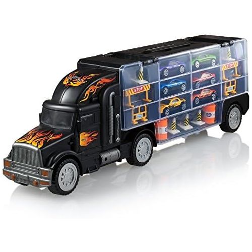  [아마존베스트]Play22 Toy Truck Transport Car Carrier - Toy Truck Includes 6 Toy Cars & Accessories - Toy Trucks Fits 28 Toy Car Slots - Great Car Toys Gift for Boys & Girls - Original
