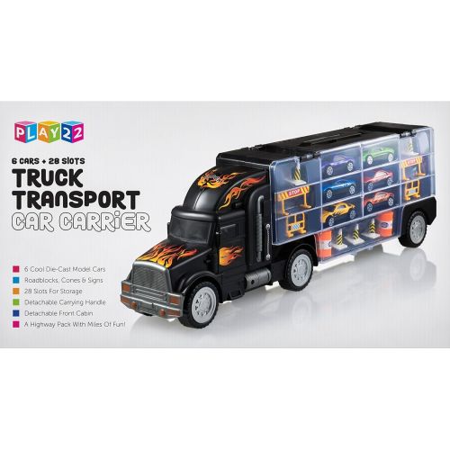  [아마존베스트]Play22 Toy Truck Transport Car Carrier - Toy Truck Includes 6 Toy Cars & Accessories - Toy Trucks Fits 28 Toy Car Slots - Great Car Toys Gift for Boys & Girls - Original