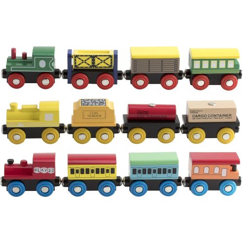  [아마존베스트]Play22 Wooden Train Set 12 PCS - Train Toys Magnetic Set Includes 3 Engines - Toy Train Sets For Kids Toddler Boys And Girls - Compatible With Thomas Train Set Tracks And Major Bra