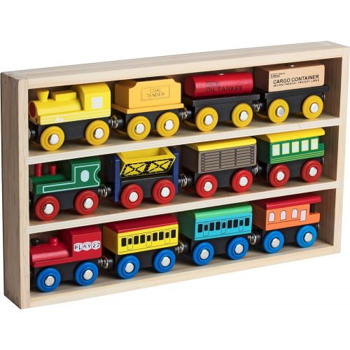  [아마존베스트]Play22 Wooden Train Set 12 PCS - Train Toys Magnetic Set Includes 3 Engines - Toy Train Sets For Kids Toddler Boys And Girls - Compatible With Thomas Train Set Tracks And Major Bra