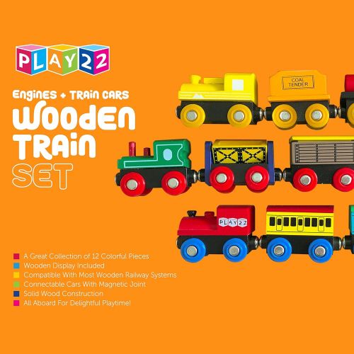  [아마존베스트]Play22 Wooden Train Set 12 PCS - Train Toys Magnetic Set Includes 3 Engines - Toy Train Sets For Kids Toddler Boys And Girls - Compatible With Thomas Train Set Tracks And Major Bra