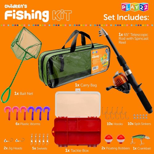  Play22 Fishing Pole For Kids - 32 Set Kids Fishing Rod Combos - Kids Fishing Poles Includes Fishing Tackle, Fishing Gear, Fishing Lures, Net, Carry On Bag, Fully Fishing Equipment