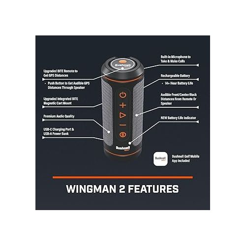  Bushnell Wingman 2 Golf GPS Speaker Gift Box Bundle - Golf Bluetooth Speaker with Integrated BITE Magnetic Mount & Battery Indicator - Perfect Golf Gift - Includes Protective Wingman Pouch, Red Bow