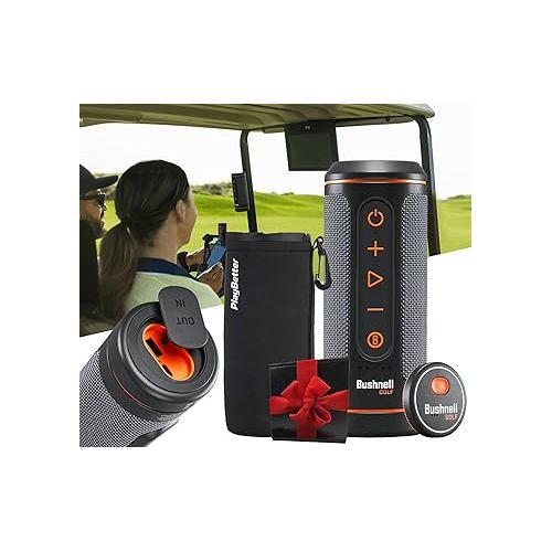  Bushnell Wingman 2 Golf GPS Speaker Gift Box Bundle - Golf Bluetooth Speaker with Integrated BITE Magnetic Mount & Battery Indicator - Perfect Golf Gift - Includes Protective Wingman Pouch, Red Bow