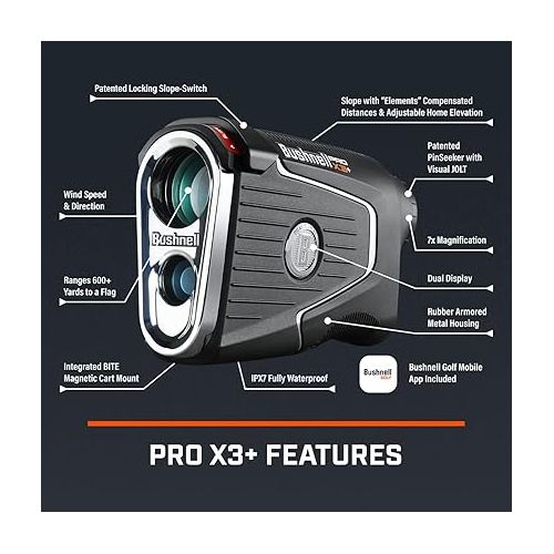  Bushnell Golf Pro X3+ Plus Golf Laser Rangefinder Gift Box Bundle - Slope-Switch, Dual Display, PinSeeker with Visual JOLT, Accurate Readings - Includes PlayBetter Microfiber Towel & Extra Battery