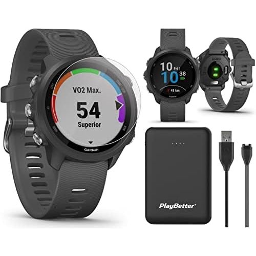  Garmin Forerunner 245 (Slate Gray) GPS Running Watch Power Bundle with PlayBetter Portable Charger & Tempered Glass (x2) Workouts, Training Status, Heart Rate Running Smartwatch 01