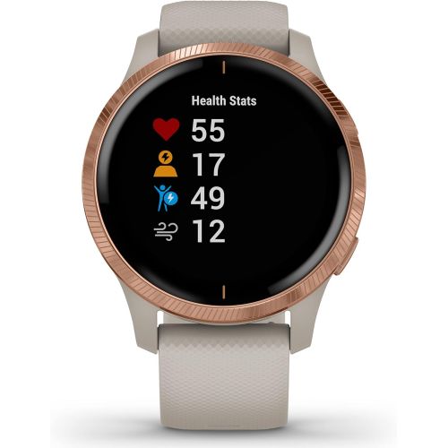  Garmin Venu (Rose Gold) Stylish Womens Fitness Smartwatch - Gorgeous Display, Music, GPS Power Bundle with Venu Screen Protectors (x4) & PlayBetter Portable Charger Light Sand Band