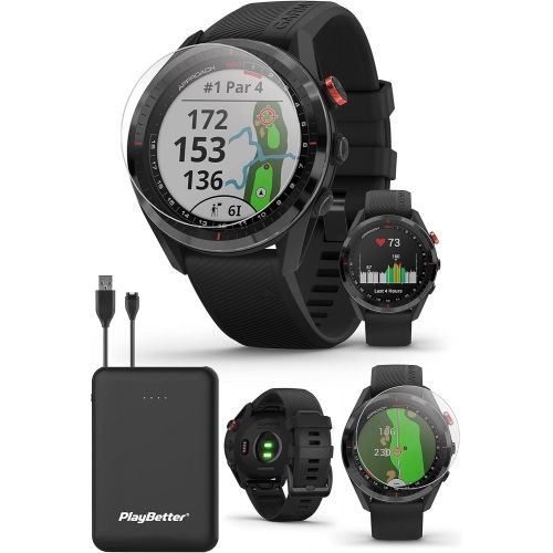  PlayBetter Garmin Approach S62 (Black) Premium GPS Golf Watch Power Bundle with HD Tempered Glass Screen Protector Pack & Portable Charger - Touchscreen Smartwatch with Virtual Caddie, Color