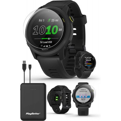 Garmin Forerunner 745 (Black) GPS Running Smartwatch Bundle with PlayBetter Tempered Glass Screen Protector Pack & Portable Charger - Triathlon Fitness Tracker & Heart Rate Monitor