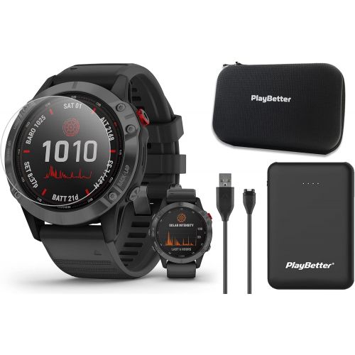  Garmin Fenix 6 Pro Solar (Slate Gray/Black Band) Power Bundle with PlayBetter Portable Charger, Screen Protectors & Hard Case Multisport GPS Watch Solar Charging, PacePro, Music 01