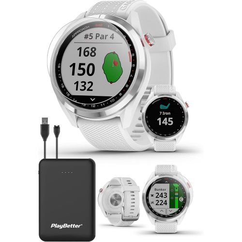  Garmin Approach S42 (Silver/White) Golf GPS Watch Power Bundle with PlayBetter Portable Charger & HD Tempered Glass Screen Protector Pack - Stylish Golfing Smartwatch for Lowering