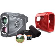 PlayBetter Bushnell Pro XE Golf Laser Rangefinder Bundle with Protective Skin (Red, Microfiber Towel and Extra CR2 Battery Golf GPS Rangefinder BITE Cart Mount, Yardage, Slope with Elements 2