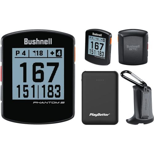  Bushnell Phantom 2 (Black) GPS Golf Handheld Power Bundle with PlayBetter Portable Charger Distance Rangefinder Device Built-in Magnetic Mount, 38,000+ Courses, Accurate Distances