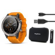 Garmin Fenix 5 Plus+ Sapphire Bundle with Screen Protectors, PlayBetter Portable Charger & Protective Case | Multisport GPS Watch, TOPO Maps, Garmin Pay, Music (Titanium with Orang