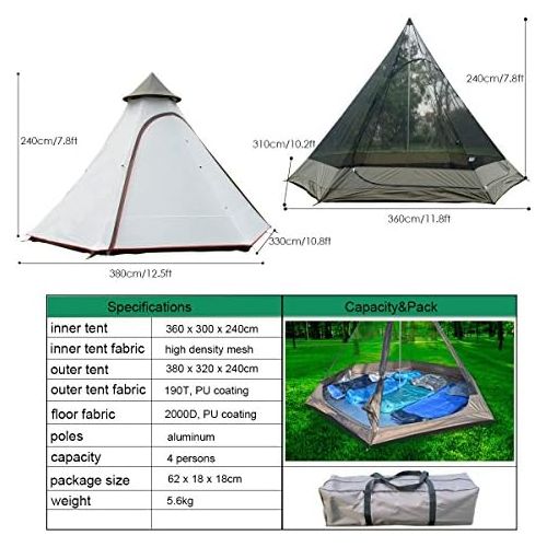  PlayDo Waterproof 380CM/12.5ft Camping Teepee Tent Yurt Tent with Screen for Outdoor Camping Hiking Hunting 4 Persons