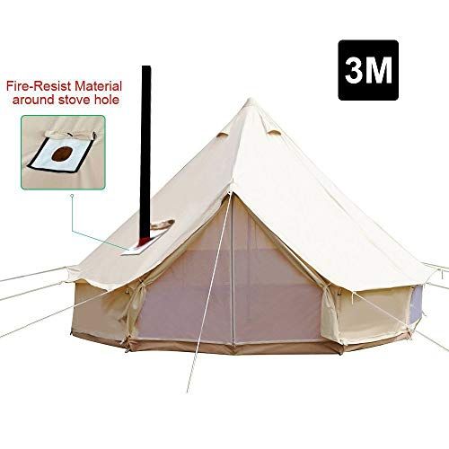  PlayDo 3M/9.8ft 4 Season Cotton Canvas Bell Tent Camping Yurt Tent Huning Wall Tent with Top Stove Hole for 2 Person