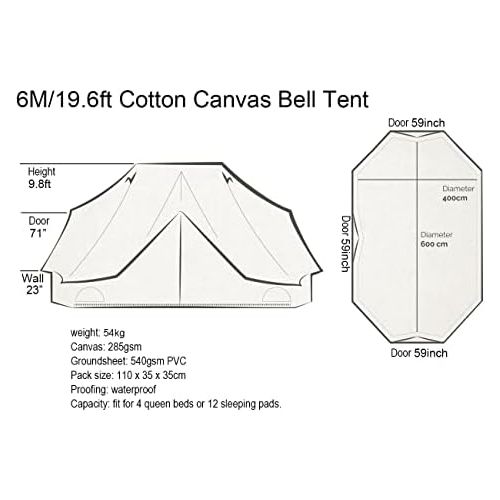  Playdo 6M Large 4 Season Canvas Wall Tent Yurts Tent with Stove Jack for Camping Festival (Size 19.6L x 13.1W x 9.8H)