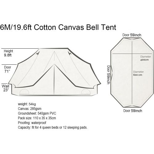  Playdo 6M Large 4 Season Canvas Wall Tent Yurts Tent with Stove Jack for Camping Festival (Size 19.6L x 13.1W x 9.8H)