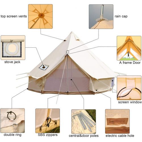  Playdo 4-Season Waterproof Cotton Canvas Bell Tent Wall Yurt Tent with Stove Hole for Outdoor Camping Hunting Hiking Festival Party