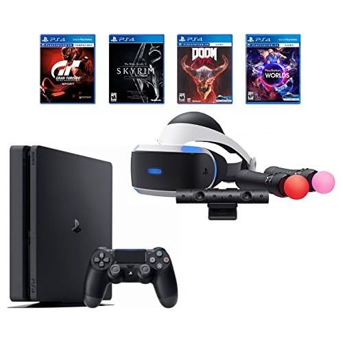 소니 Sony PlayStation 4 Slim Bundle (6 Items): PS VR Starter Bundle, PS4 Slim 1 1TB Console - Jet Black, and 4 VR Game Discs: Doom VFR, Skyrim VR, VR Worlds, and Gran Turismo Sports