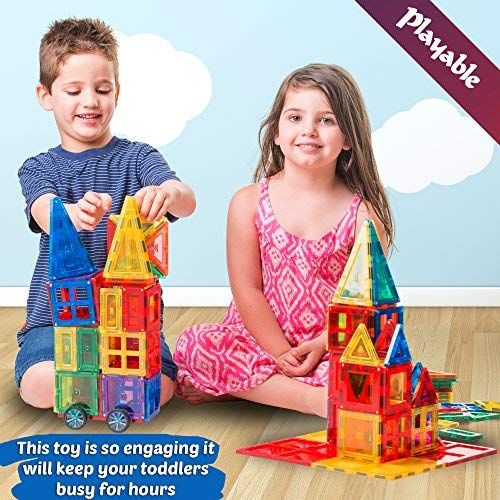 Playable Mega Magnetic Building Blocks Set: Teach a Child Physics and Science with a 100 + 14 Pieces Thinking Game. 100-Piece Block Magnets Kit w/ Accessories. Colored Construction Magnet T