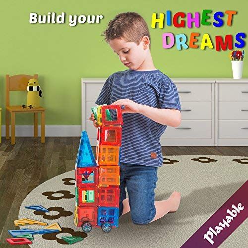  Playable Mega Magnetic Building Blocks Set: Teach a Child Physics and Science with a 100 + 14 Pieces Thinking Game. 100-Piece Block Magnets Kit w/ Accessories. Colored Construction Magnet T