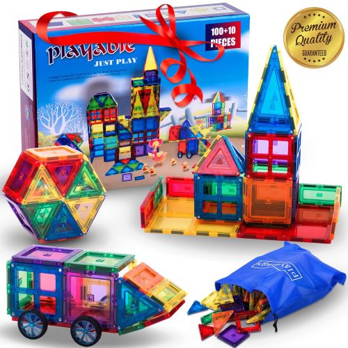  Playable Mega Magnetic Building Blocks Set: Teach a Child Physics and Science with a 100 + 14 Pieces Thinking Game. 100-Piece Block Magnets Kit w/ Accessories. Colored Construction Magnet T