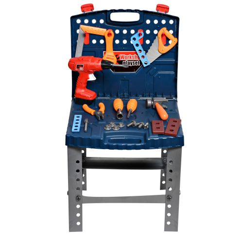  Playkidz Construction Workbench for Kids Portable Boys & Girls Toy Playset Includes Working Electric Power Drill, Travel Carry Case & 45+ Tools & Accessories to Build a Realistic W