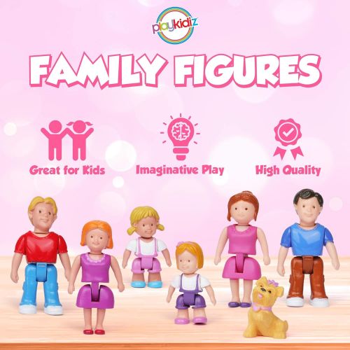  Playkidz Family Figures - Set of 7 Small Toy People for Dollhouse Play, Includes Parents, Sibling, and Pet - Doll House Accessories for Children