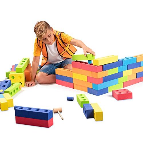  Playlearn USA Playlearn Jumbo Foam Building Blocks with Peg Connectors  80 Pieces - Multi-Colored Stacking Blocks for Kids  Safe Non-Toxic EVA Foam