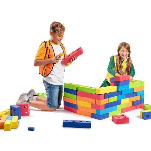  Playlearn USA Playlearn Jumbo Foam Building Blocks with Peg Connectors  80 Pieces - Multi-Colored Stacking Blocks for Kids  Safe Non-Toxic EVA Foam