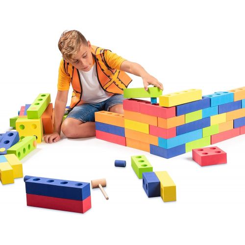  Playlearn USA Playlearn Jumbo Foam Building Blocks with Peg Connectors  80 Pieces - Multi-Colored Stacking Blocks for Kids  Safe Non-Toxic EVA Foam