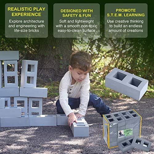  Playlearn USA Playlearn Foam Building Blocks for Kids - 40 Pack - Jumbo Size (Not Life Size) Extra-Thick Cinder Block, Builders Set for Construction and Stacking