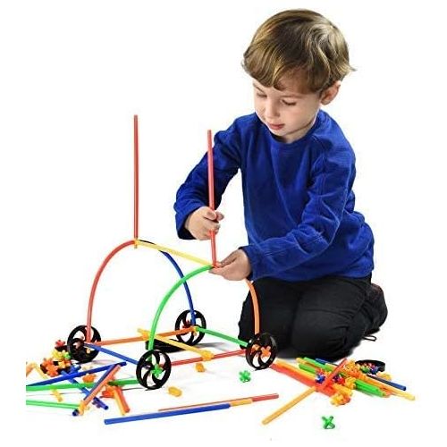  Playlearn USA Playlearn 300 Piece Straws Builders Construction Building Toy with Wheels - with Special Colored Connectors