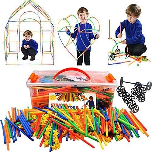  Playlearn USA Playlearn 300 Piece Straws Builders Construction Building Toy with Wheels - with Special Colored Connectors