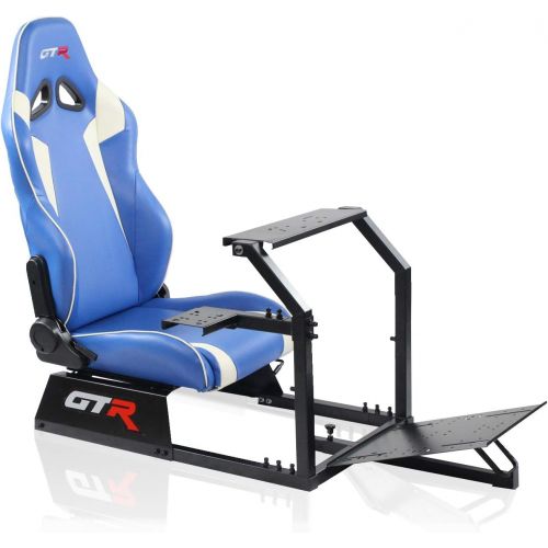  GTR Simulator GTR Racing Simulator GTA-BLK-S105LBLWHT GTA Model Black Frame with BlueWhite Real Racing Seat, Driving Simulator Cockpit Gaming Chair with Gear Shifter Mount