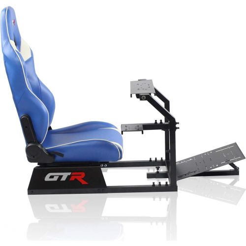  GTR Simulator GTR Racing Simulator GTA-BLK-S105LBLWHT GTA Model Black Frame with BlueWhite Real Racing Seat, Driving Simulator Cockpit Gaming Chair with Gear Shifter Mount