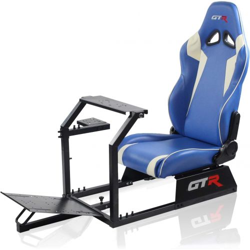  GTR Simulator GTR Racing Simulator GTA-BLK-S105LBLWHT GTA Model Black Frame with BlueWhite Real Racing Seat, Driving Simulator Cockpit Gaming Chair with Gear Shifter Mount