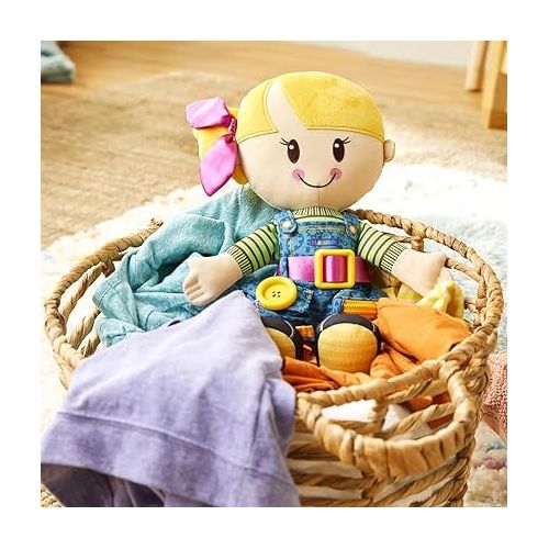  Playskool Dressy Kids Doll with Blonde Hair and Bow, Activity Plush Toy with Zipper, Shoelace, Button, for Ages 2 and Up (Amazon Exclusive)